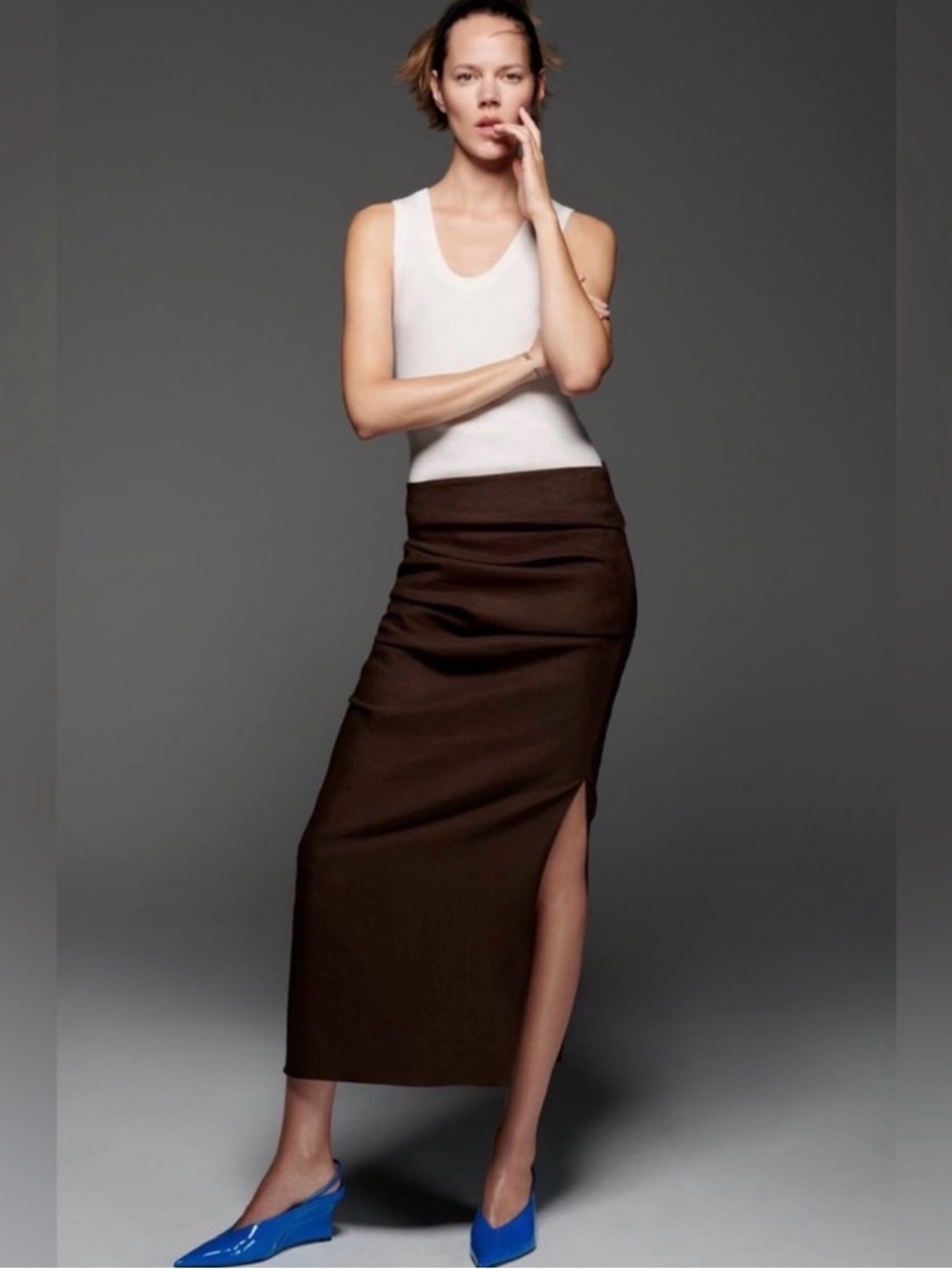 Zara ruched front midi split skirt